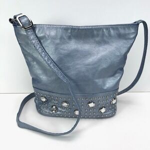 Vintage DAWLI Leather Shoulder Purse Metallic Blue Crystals Studs Zip Crossbody